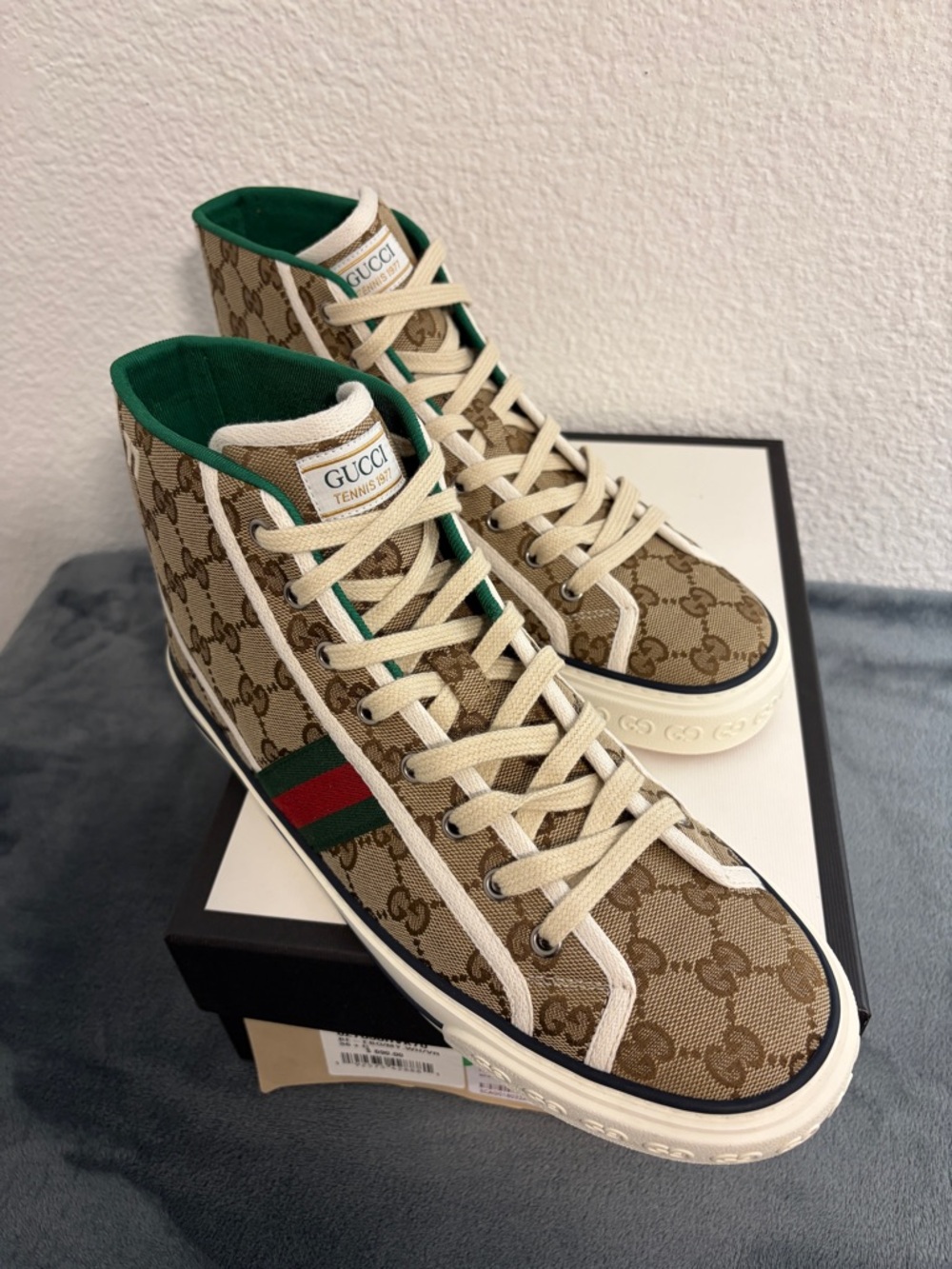 Brand New Women’s Gucci Tennis 1977 High Top Beige Ebony Sneakers Sz 42 (US 12 - Picture 2 of 10